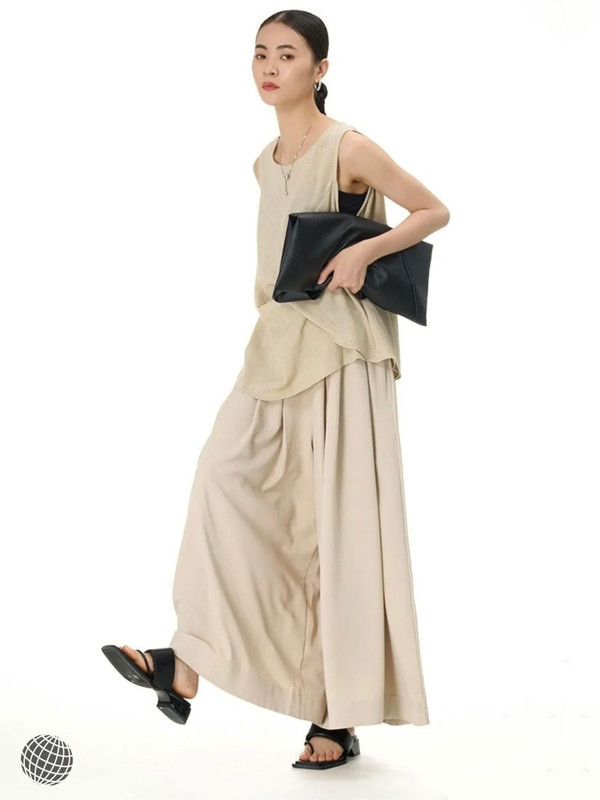 Wide Leg Pants khaki     Women’s Korean temperament pendant mid rise elastic waist pleated  womens loose slim casual trousers tide for trending woman in light tan brown spring summer fashion season