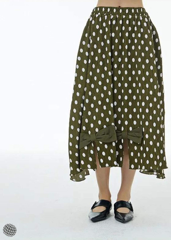 Polka Dot Skirt green   Women’s Spring summer loose slimming  dots print bow womens Midi skirts for trending woman with white dots