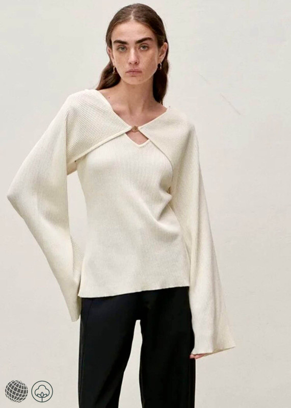 Wide Sleeve Top  Women's Spring Pit Stripe Ribbed Knitted Shirt for Casual Metal Buckle Decoration Wide Sleeve Tube Long Sleeves Pullover womens Shirts Blouses Metal buckle Tops for trending woman in White VC