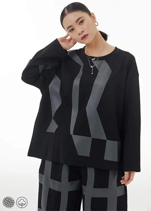 Japanese Crewneck Top gray  Women’s temperament geometric printed T shirt blouse high-end loose thin round o-neck striped long sleeves Tops for Woman in grey with black Fall autumn winter spring womens trending fashion season