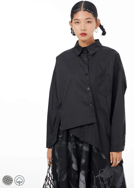 Japanese Cotton Shirt black  Women’s turn-down collar button-up long sleeves blouses loose slimming original irregular niche shirts for woman South Korea Fall autumn spring womens trending fashion season