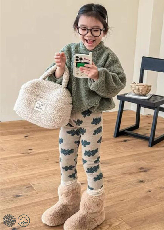 Kids Leggings   Warm Thick Waffle Fleece Pants Kids Cartoon Casual Trousers Plus Velvet Children Clothes in beige with green cartoon pattern print Winter Spring Baby Toddler Girls Children’s trending fashion season