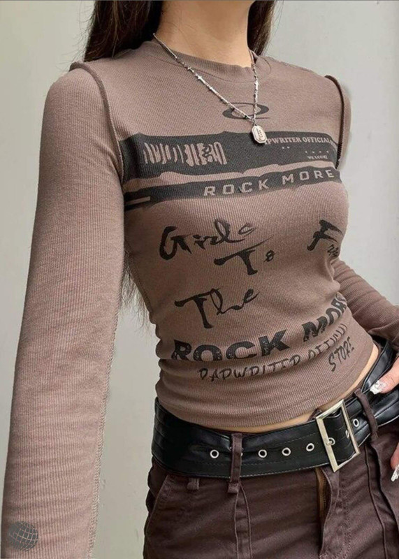 Crewneck Crop Top brown   Women’s Vintage Print Skinny slim fit Grunge Y2K Long Sleeves Round O-Neck Pullovers T-Shirt Basic Tees Aesthetic Tops T-Shirts for woman Fall autumn spring womens trending fashion season