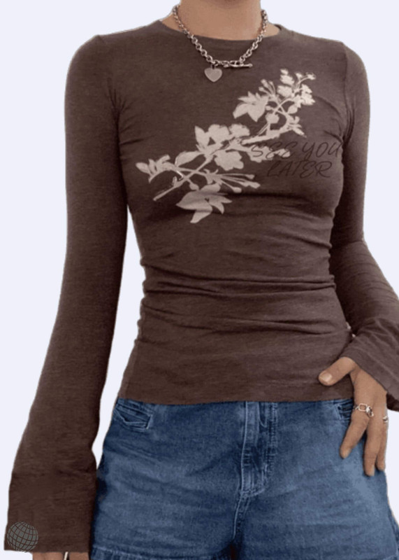 Crewneck Harajuku T-Shirt   Women’s Grunge y2k Crop Top Vintage Floral Print Slim Flared Full Long Sleeves Retro Tees T-Shirts Tops for Woman in brown 2000s Fall Autumn Spring Chic Womens trending fashion season