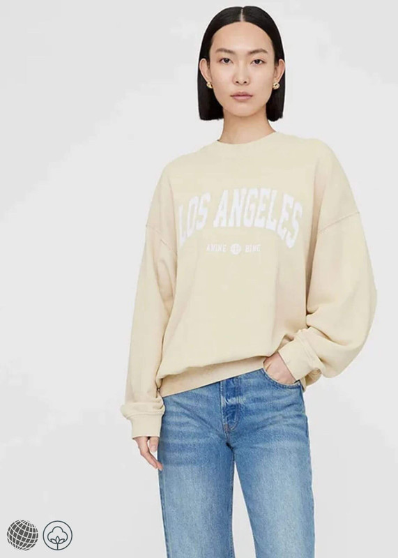 Crewneck Sweatshirt cream   Women's LOS ANGELES Brand Printed round O-Neck Pullover Loose Long Sleeves Thickened Sweatshirts for woman in washed yellow Fall Autumn Winter Spring womens Annie Bing trending fashion season