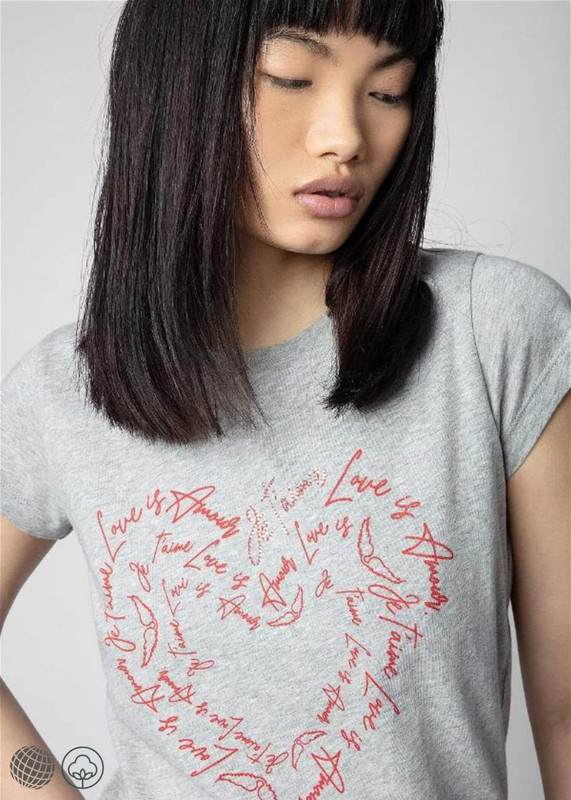 Heart T-Shirt gray   miteigi Women's Color Love Hot Breathable short sleeves crew neck round o neck casual organic cotton womens loose T-shirts Spring Summer Tops for woman in trending light grey