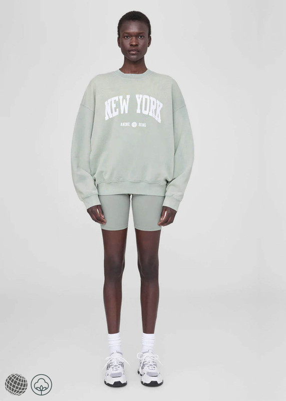Classic Sweatshirt seafoam   miteigi Women’s NEW YORK ANNIE BING Letter Print Light Green Round Crewneck O-Neck With Cashmere cotton fitness sports long sleeves Sweatshirts Activewear NYC Sportswear for trending woman