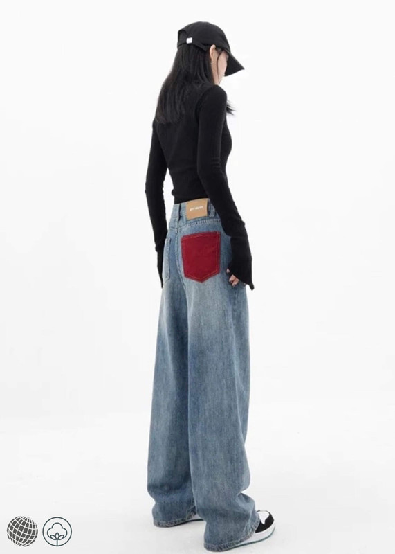 90s Boyfriend Jeans   miteigi Women’s High rise Waist Paneled Pockets Wide Leg Denim Pants Casual Vintage Streetwear Full Length Straight trousers for woman in blue with red highlight Plus size Spring summer fall autumn women’s trending fashion season