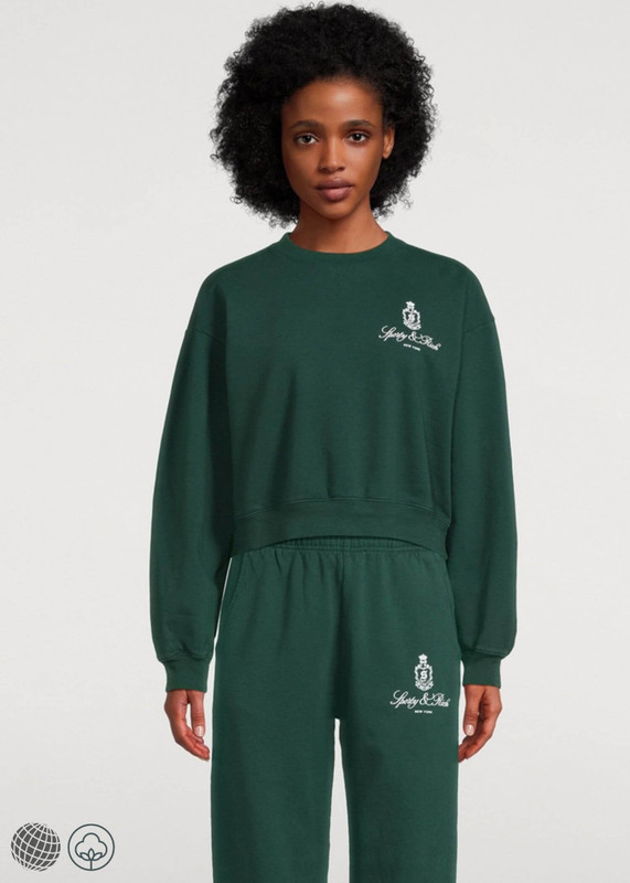 Vendome Sweatshirt  miteigi Women’s 100% Cotton Wool Crew neck Sporty & Rich New York S emblem letter print round o-neck crewneck collar long sleeves pullover Casual comfortable cropped sweatshirts for woman in British racing bottle green Ladies Spring Summer Fall Autumn women’s sportswear trending Fashion season sweaters clothing