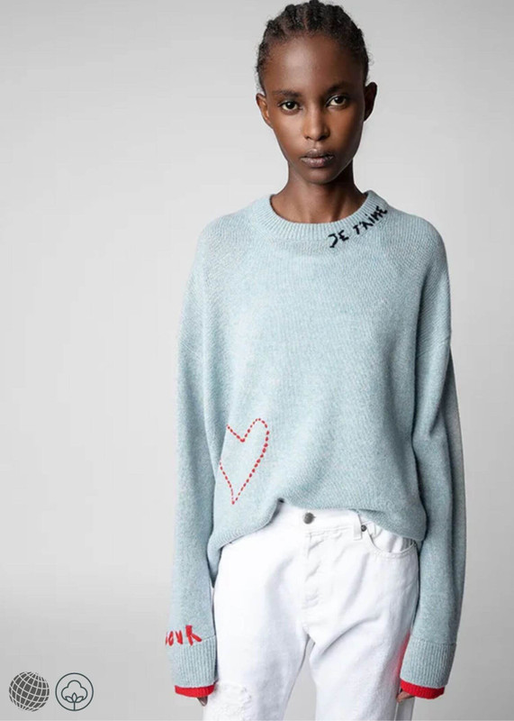 100% Cashmere Sweater blue   miteigi Women's Thick Crewneck Pullover Hand-stitched Floral Je T’aime (I love you) AMORE Love Heart Embroidery Knitwear Round o-neck long sleeves Sweaters for woman in light-blue trending Fall Autumn winter spring womens crew neck French look Knitwear fashion season  ZADIG & VOLTAIRE