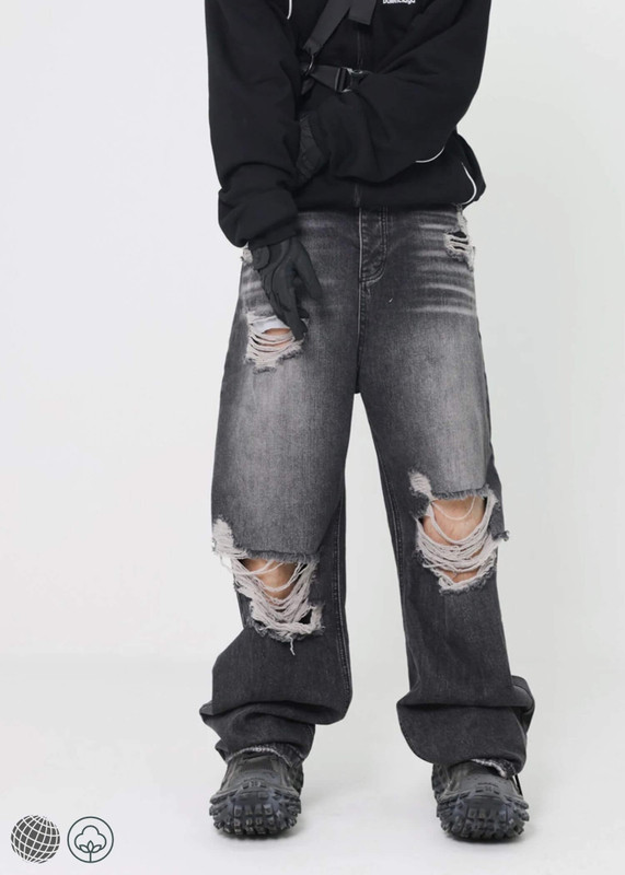 Straight Oversized Denim  miteigi Men’s Retro Washed Torn Jeans Solid Color Ripped Baggy Hip Hop Destroyed Mens Wide Leg holed Pants for Man in trending black