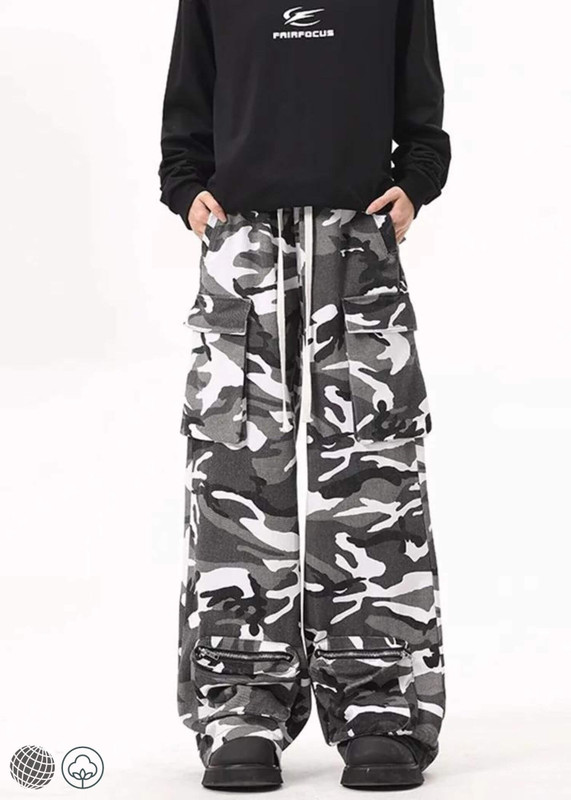 Snow Camo Cargo Pants miteigi Men’s Swag American Retro Hip Hop High Street Baggy Slender Waist Patchwork Camouflage Wide leg mid rise waist tall plus size mens trousers in black and white for trending man