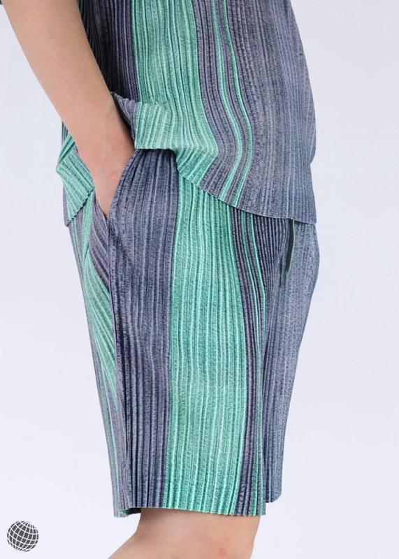 Pleated Stripe Shorts  miteigi Men's Casual ribbed Print Stripes Loose fit elastic drawcord waist slant pockets shorts Two Piece Sets short-pants + Tops for man in striped iron Gray grey green Summer mens plus size vacation clothes