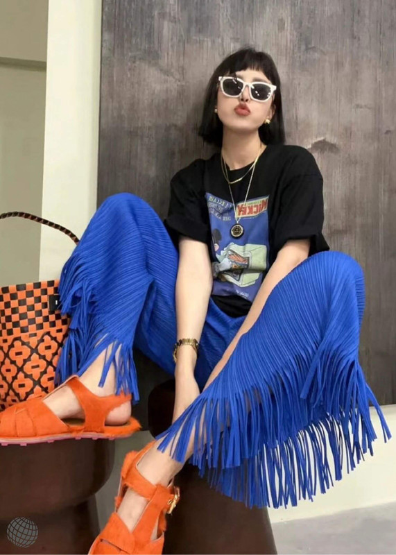 Mid Rise Flare Pants   miteigi Women's Original ribbed tassels Design Versatile Straight wide Leg Pleated Mid-Rise waist Pant Trousers for woman in blue Trendy womens Summer trending Fashion Street Style