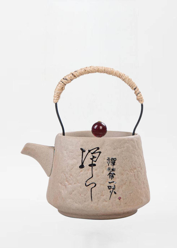 Japanese Ceramic Teapot 400ml   Retro Kungfu Set Yixing Teapot Clay Puer Pot Teeware Teware Water Kettle Pots in light khaki beige With zen belt script