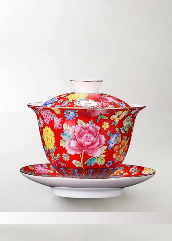 Ceramic Wanhua Covered Bowl Tea Set 200ml Grilled Enamel Gaiwan Jingdezhen Cup With Lid and Saucer Flower Gaiwan for Travel Gai Wan teacup cups ceremony sets in floral red carnations