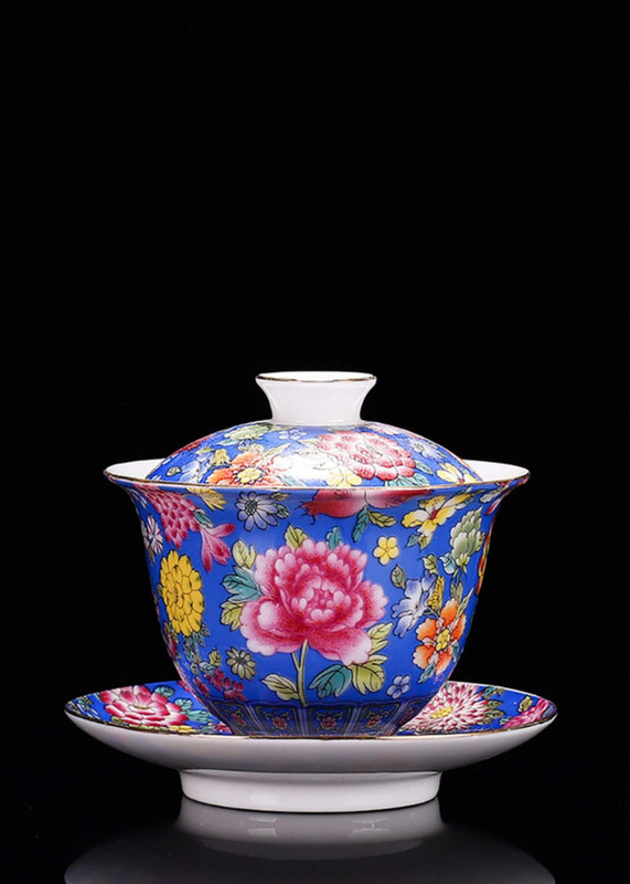 Ceramic Wanhua Covered Bowl Tea Set blue  200ml Grilled Enamel Gaiwan Jingdezhen Cup With Lid and Saucer Flower Gaiwan for Travel Gai Wan teacup cups ceremony sets in floral carnations