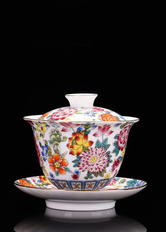 Ceramic Wanhua Covered Bowl Tea Set white  200ml Grilled Enamel Gaiwan Jingdezhen Cup With Lid and Saucer Flower Gaiwan for Travel Gai Wan teacup cups ceremony sets in floral carnations