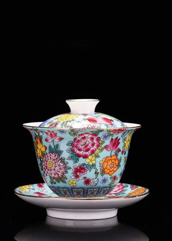 Ceramic Wanhua Covered Bowl Tea Set teal  200ml Grilled Enamel Gaiwan Jingdezhen Cup With Lid and Saucer Flower Gaiwan for Travel Gai Wan teacup cups ceremony sets in floral carnations