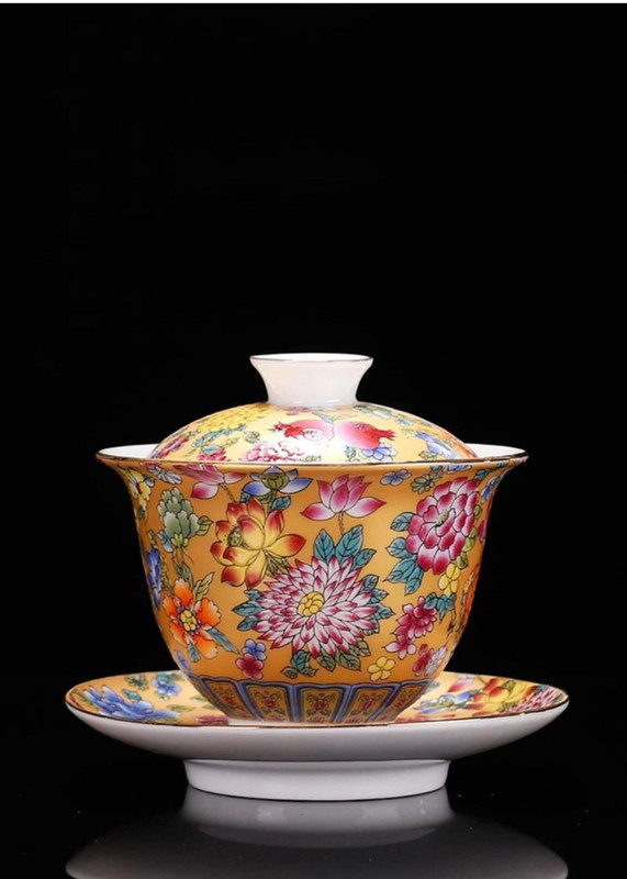 Ceramic Wanhua Covered Bowl Tea Set golden  200ml Grilled Enamel Gaiwan Jingdezhen Cup With Lid and Saucer Flower Gaiwan for Travel Gai Wan teacup cups ceremony sets in floral carnations