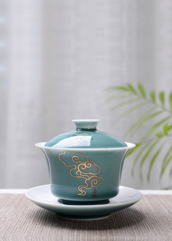 Obsidian Tea Tureen clouds 150ml Advanced Kung Fu Bowl Porcelain Hand Painted Shen Puer Chawanmushi Bowls with Lid and Saucer Gai Wan Gaiwan Teacups ceremony cups in light-green