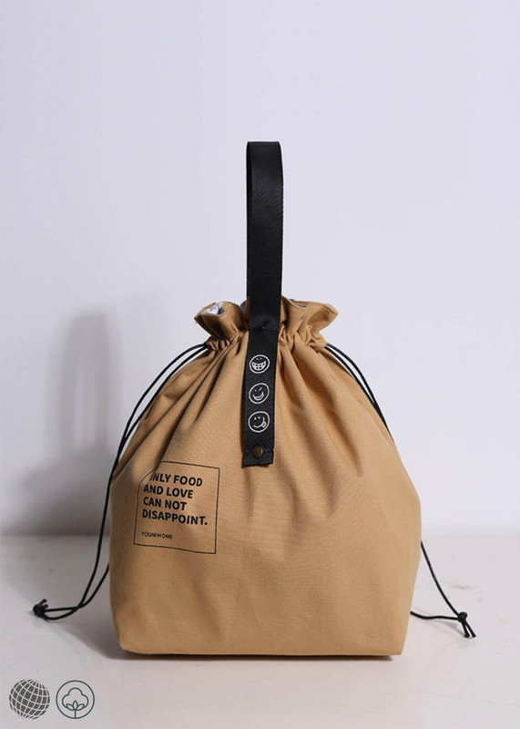 Insulated Bento Bag Wide Opening Canvas Cotton Drawstring Lunch Box food Storage School Handbag Picnic Camping Kitchen Accessories bags in khaki
