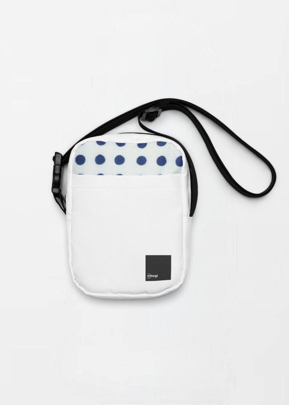 Mameshibori Utility Crossbody Bag miteigi Logo   Unisex Men’s Women’s miteigi-logo everyday use Japanese shoulder bags Luggage for man woman in white with black design and Mameshibori pattern highlights womens mens accessory