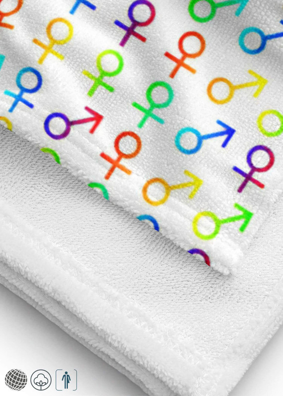 miteigi UniGen Beach Towel  Genderful miteigi-logo unisex gender design cotton blend terry fabric anywear LGBTQ+ neutral symbols bath towels 30″×60″ Rainbow multicolor Getaway holiday vacation bathroom linens home decor gifting