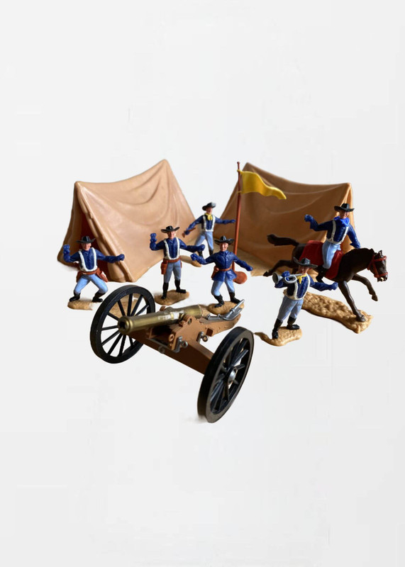 Timpo Wild West  Classic vintage kids toys figurines 7th Calvary five soldiers, two tents, flag pole, one soldier on horseback and cannon c1960s Made in Great Britain Scottish collectors British collectibles