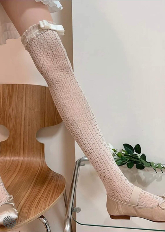 Thigh High Fishnet Stockings   Women’s Sexy Y2k Girls  Lace Mesh JK Lolita Kawaii Bowknot Knee length Socks for woman in beige-white womens hosery