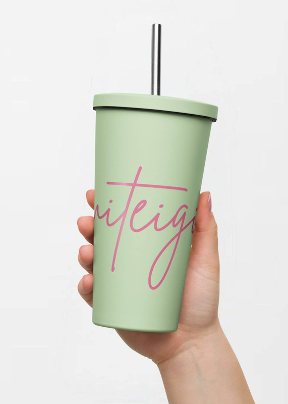 Insulated Tumbler with Straw miteigi Script Logo green   miteigi-logo design stainless steel wine, milk water drinks tumblers with lid and straw Outdoor sports fitness drinkware with pink pattern