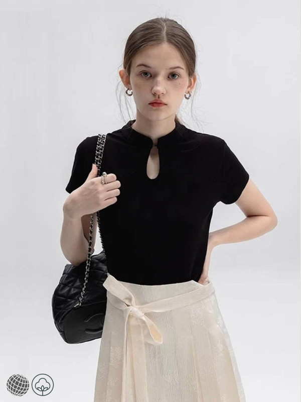 Mandarin Collar T-Shirt  Women's Harajuku Korean Y2k round crew neck o-neck Top 2000s 90s Aesthetic Fashion Vintage Chinese Style Short Sleeve T-shirts Clothes for woman in black Womens tops