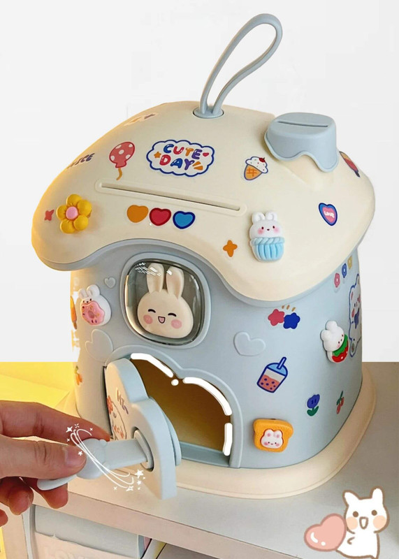 Bunny Piggy Bank blue Children’s kids House Coin Holder Money Banks Safe Box Rabbit Mysterious Box Cute kids Room Decor Cash Savings Bills Moneybox banks in light Sky-blue