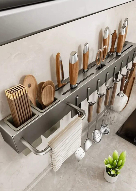 Stainless Steel Utility Rack    Multi-functional No-drilling Knife Holders Storage Chopsticks Utensils Basket Chopsticks Tube Wall-mounted Racks in gun Gray grey