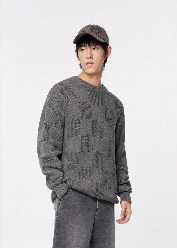 Textured Crewneck Sweater gray  Men’s Plaid wool round o-neck Comfort long sleeves Pullover checkered Jumpers acrylic tops sweaters for man in dark grey petite-, tall-, plus size mens woolen Knitted Winter Meters bonwe Fashion
