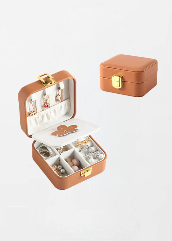 Leather Jewelry Storage Box   Solid Square Necklace Rings Organizer Mini Travel Portable Korean Style Tender Waterproof Durable Jewellery boxes in Khaki brown Holiday getaway vacation accessory