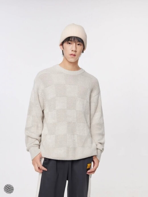 Textured Crewneck Sweater khaki  Men’s Plaid wool round o-neck Comfort long sleeves Pullover checkered Jumpers acrylic tops sweaters for man in beige petite-, tall-, plus size mens woolen Knitted Winter Meters bonwe Fashion