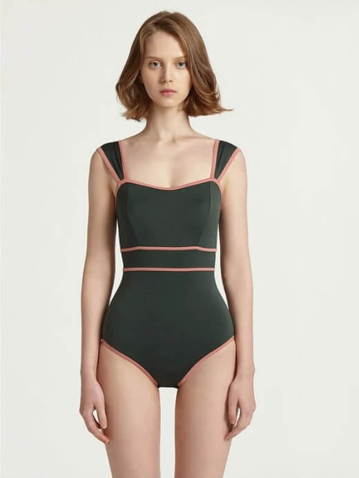 Hollow Monokini Swimsuit       Women’s Female Solid Color Low rise waist underwire support Beach Bathing Suits Brazilian Korean swimsuits for woman in olive green with pink highlights Plus size Womens Swimwear