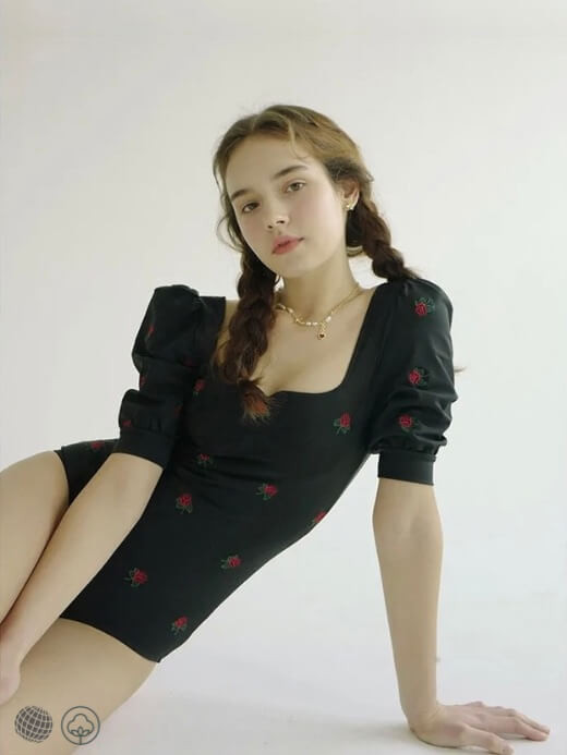 French Puff Swimsuit   Women’s Classical Romance look Red Rose Floral One Piece Puffed Short Sleeves Ladies square neck wire free 100% cotton swimsuits for woman in black Plus size Womens Swimwear
