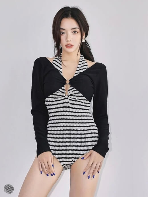 Ribbon Neck-Tie Swimsuit      Women's One Piece Long Sleeves Asian Conservatively Covers The Belly and Shows Thin Solid stripes Beachwear monokini for woman in black and white Plus size patchwork womens swimsuits swimwear