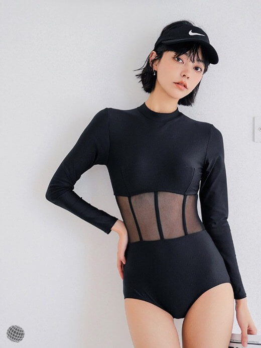Japanese Swimsuit black   Women’s One-piece long-sleeves bathing suit solid belly coverup slim Korean fashionable spring summer suits for woman Tall plus size womens swimwear bikini tops, bottoms, and swim shorts swimsuits