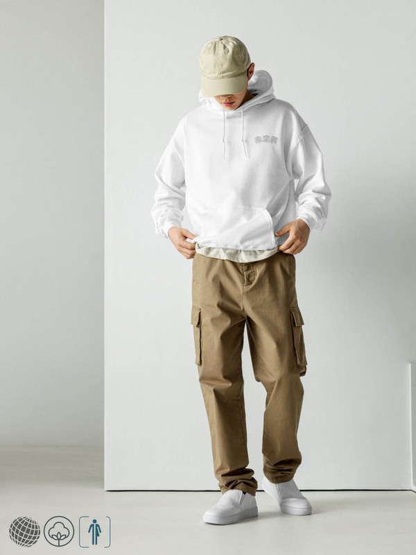 Gildan x miteigi Arch Logo Hoodie white   Genderful Unisex Anywear Men’s Women’s long sleeves hooded kanga pouch sweatshirts for tall plus size man woman  miteigi logo-branded in white with platinum red pattern MiteigiYūki fitness gym running sports mens womens sportswear