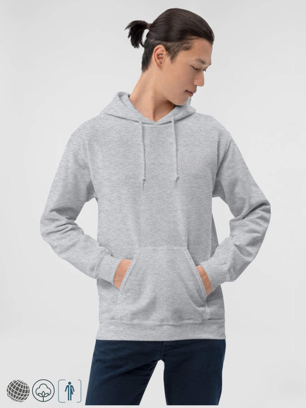 Gildan x miteigi Arch Logo Hoodie gray    Genderful Unisex Anywear Men’s Women’s long sleeves hooded kanga pouch sweatshirts for tall plus size man woman  miteigi logo-branded in white with platinum red pattern MiteigiYūki fitness gym running sports mens womens sportswear