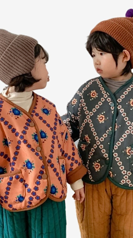 Retro Japanese Quilted Cotton Coat on Both Sides Toddler Boys and Girls Baby Toddler Padded Coats Orange Dark Green Khaki Jacket Winter Children Wear Trending