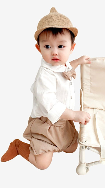 Bow Tie Match Solid White Khaki Apricot Color Long-sleeved Shirt Shorts Two-piece Outing Boys Suit Toddler Baby Cotton Sets 0-4Y Trending