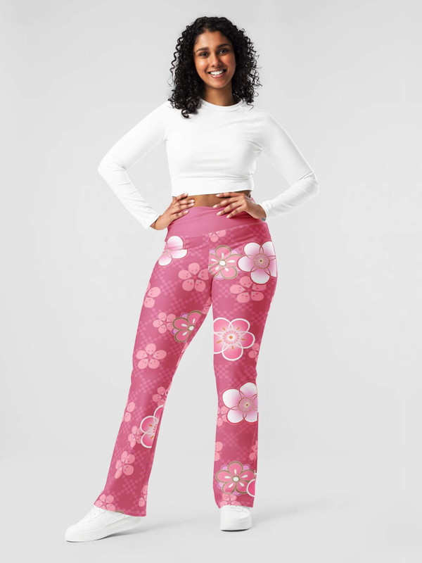 High Rise Flare Leggings   Women’s high rise waist floral internal pocket legging flared pants for woman in pink Womens petite tall plus size hip hop flowers trousers