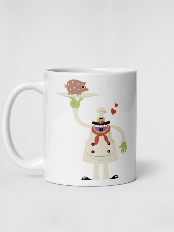 Glossy Chef Mug          Cartoon pig love hearts prep chefs drinks cup coffee, tea, juice, milk drinking cups miteigi branded product item tumblers ceramics in white with multicolor pattern Ceramic Anime Gifts pigs kitchen mugs