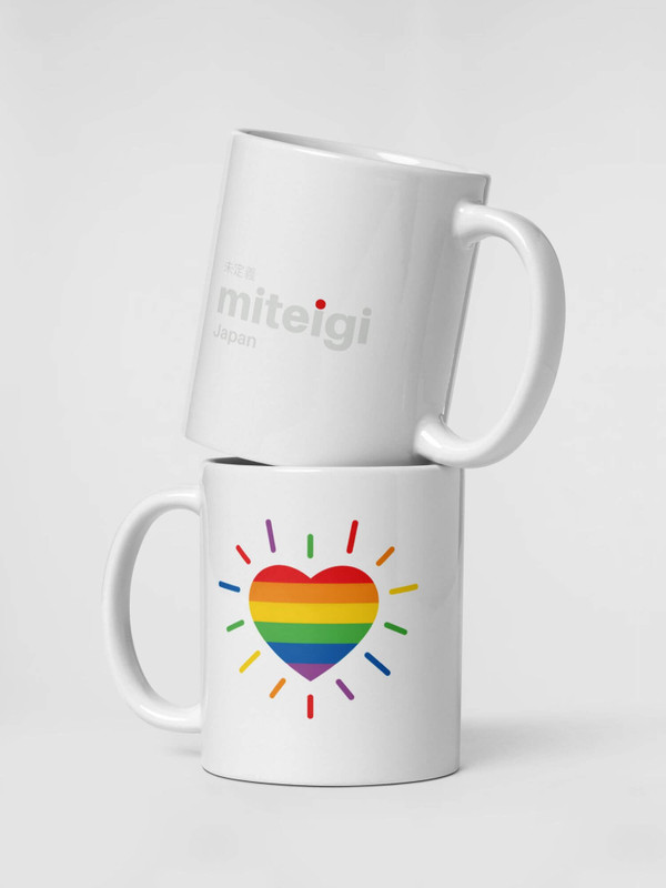 Glossy Rainbow x miteigi Logo Stripe Heart Mug       Cartoon pride character drinks cup coffee, tea, juice, milk drinking cups miteigi branded product item tumblers ceramics in white with multicolor pattern Ceramic Anime Gifts stripes love hearts rainbows lgbtqia pride mugs