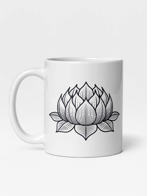 Glossy Lotus Flower Scribed Mug       Cartoon floral plant character drinks cup coffee, tea, juice, milk drinking cups miteigi branded product item tumblers ceramics in white with black ink pattern Ceramic Anime Gifts Japanese flowers mugs