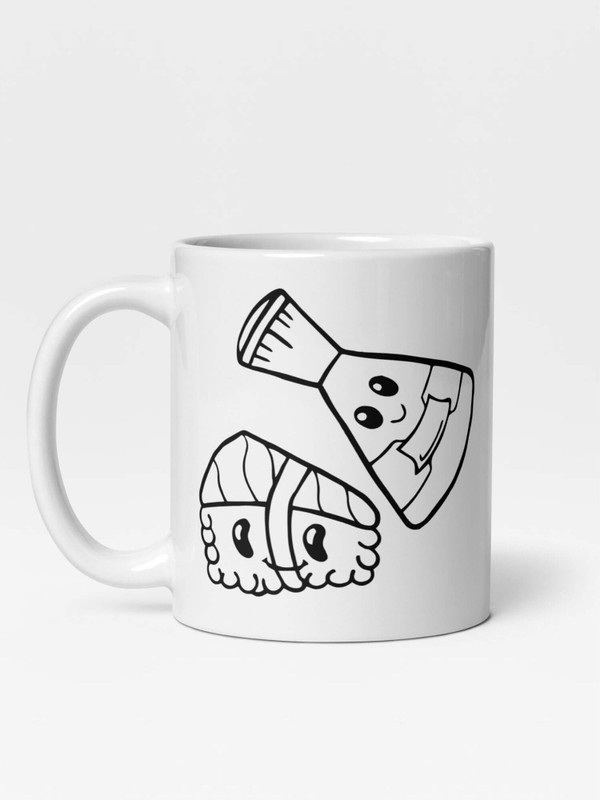Glossy Sushi Mug   Japanese Asian food design drinks cup coffee, tea, juice, milk drinking cups miteigi-Logo branded product item tumblers ceramics cartoon pattern in white with black design collections Japan nippon JPN Nihon fish seafood chefs restaurants souvenirs collectors mugs